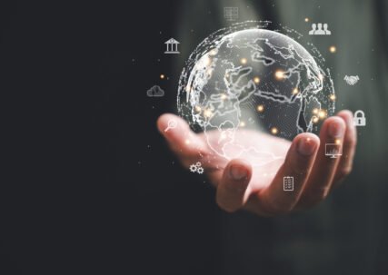 Virtual Global Internet connection metaverse, symbolizing fusion business, technology, and digital marketing. encompasses financial and banking industries, highlighting digital link tech and big data.